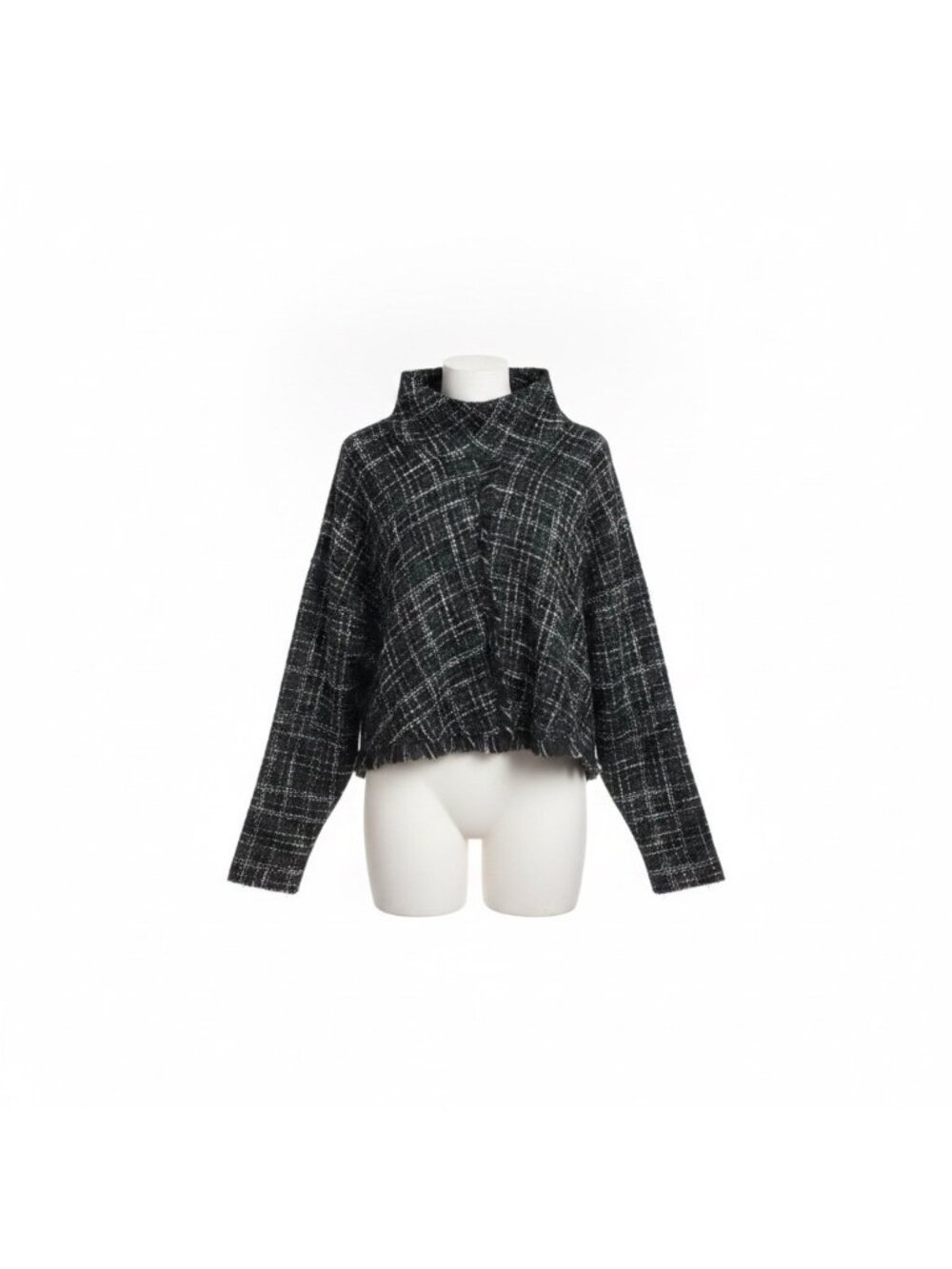 Zara Woman Black/White Cropped Tweed Jacket Frayed Hem Size M